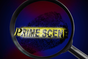 Image of a magnifying glass held over a fingerprint against a dark blue and red background, with the words "Prime Scene" written within the fingerprints and appearing in the magnifying lens in yellow highlight. Image signifies that a "prime" has taken place.